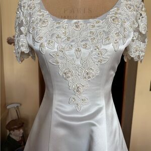 David's Bridal White Satin Dress with Floral Embroidery & small halo veil